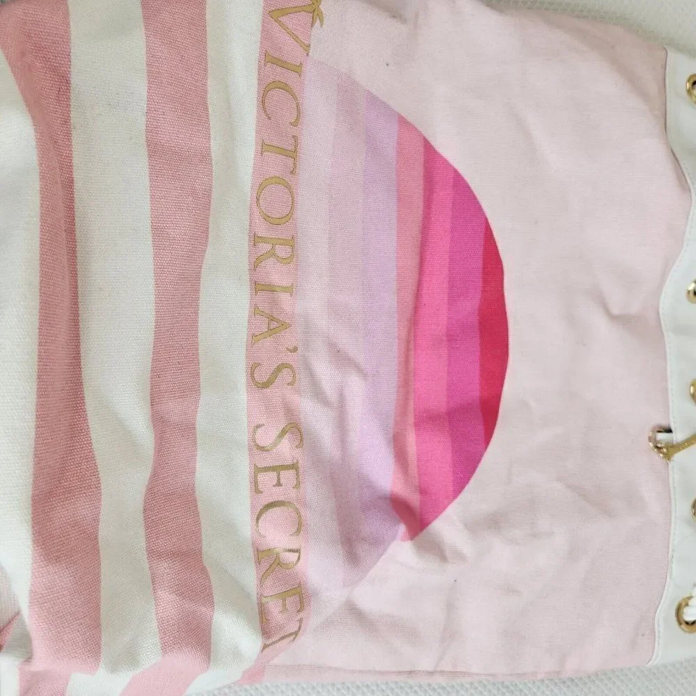 Victoria’s Secret Pink White Stripe Beach Bucket Bag Backpack Canvas